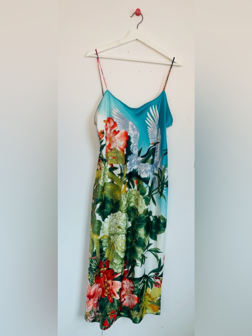 Natori Teal Floral Midi Slip Dress with Bird Motif